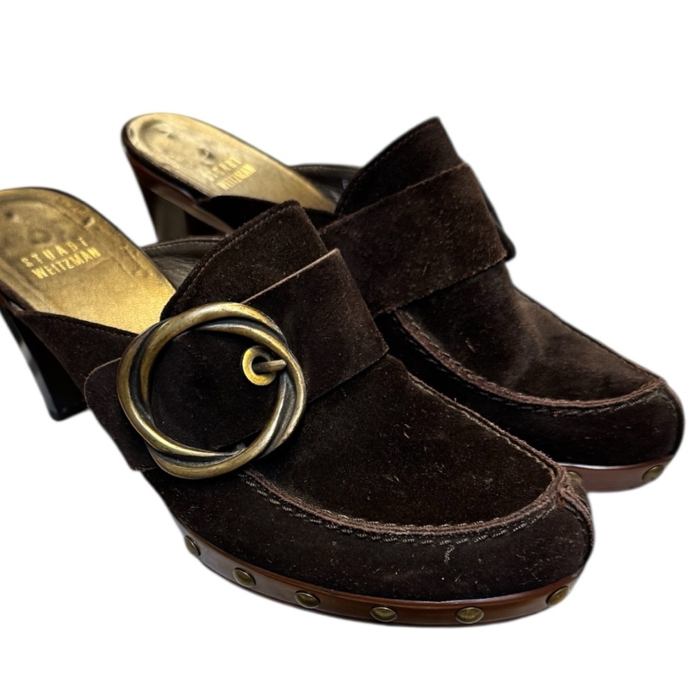 Stuart Weitzman Dark Brown Suede Mules with Gold Buckle - Size 6.5